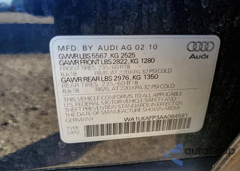 2010 Audi Q5 Premium Plus z USA, uszkodzony, nr VIN WA1LKAFP3AA084581